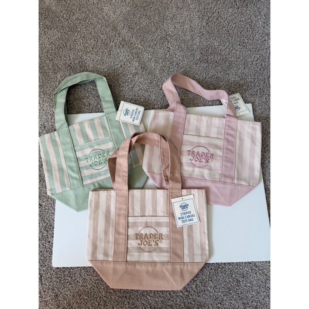 Trader Joe’s Striped Mini Canvas Tote Set of 3 NWT Pink Green Tan